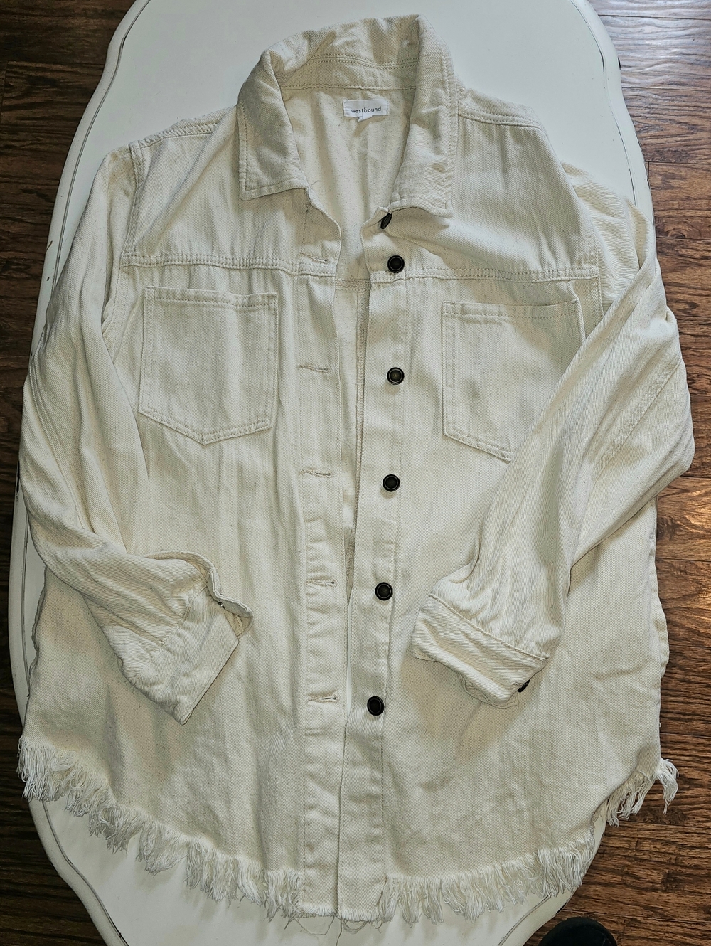 Size L Westbound Beige Frayed-Hem Denim Shirt Jacket
